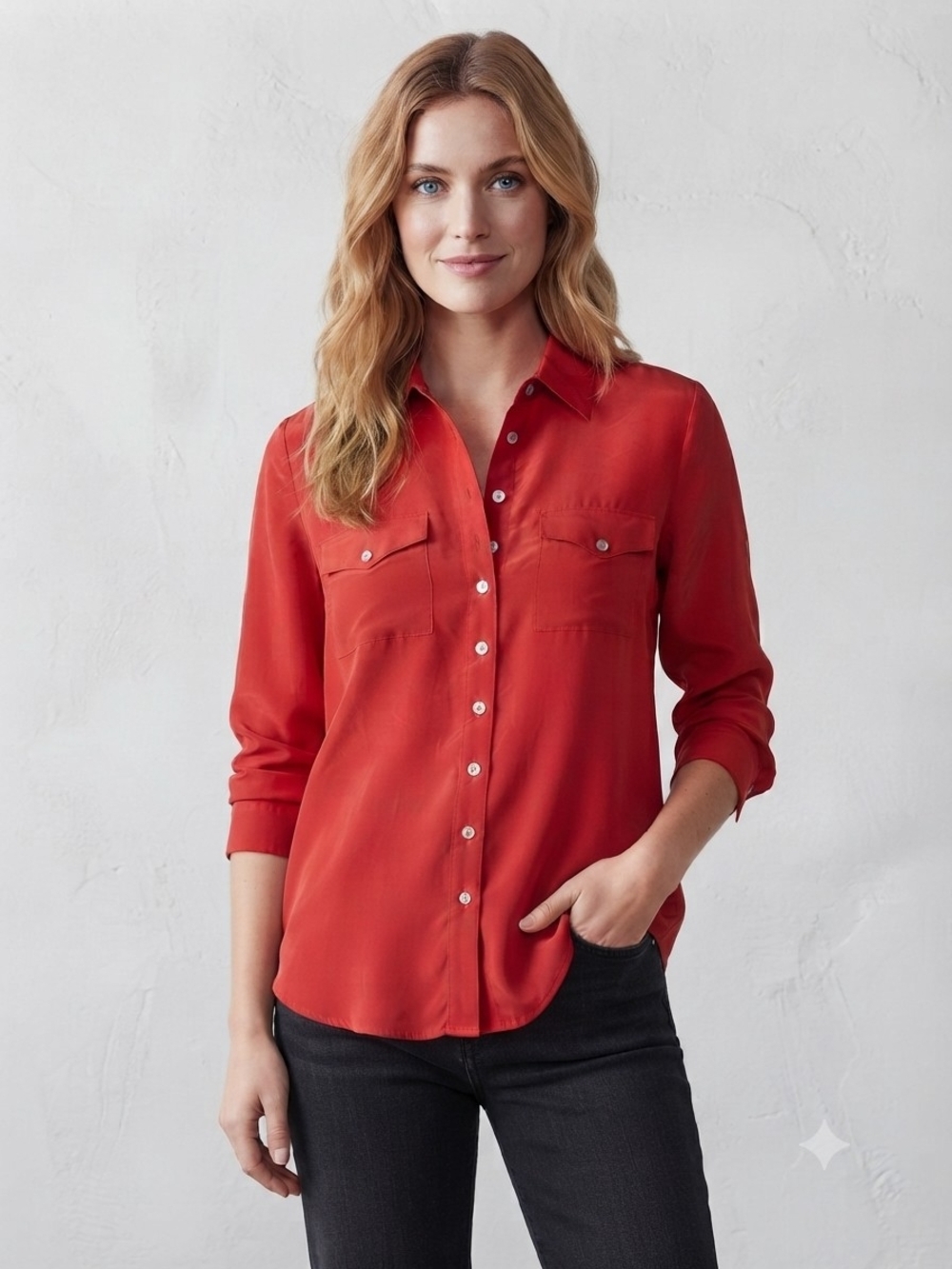 Soft Surroundings Red 100% Silk Women's Button-Up Shirt Size Large